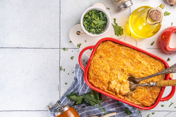 Homemade baked potato casserole with cream, cheese and potato, grated c, french american cuisine, like grated gratin or mac and cheese vegetable alternative