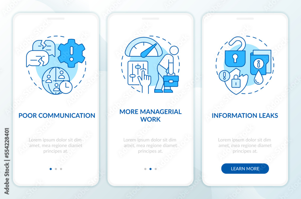 Poster outstaffing drawbacks blue onboarding mobile app screen. more work walkthrough 3 steps editable grap