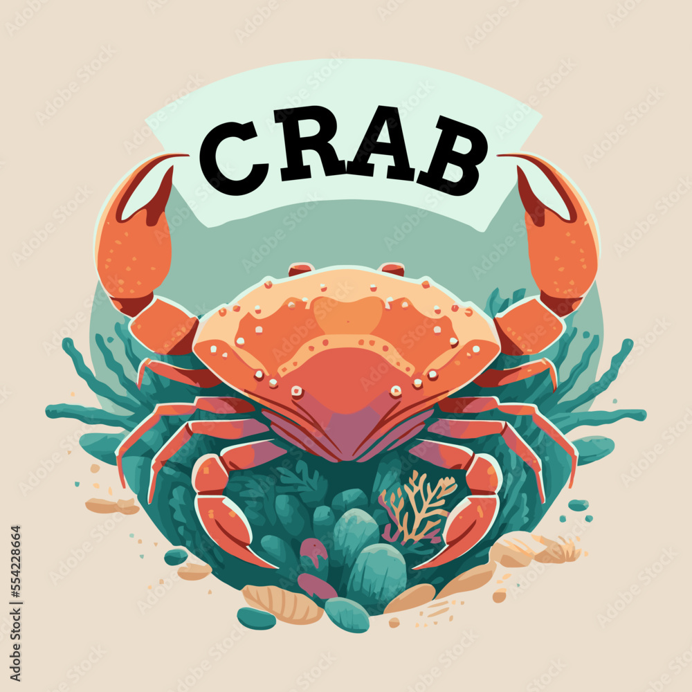 Wall mural illustration of crab character logo mascot in cartoon flat color vector style sea animal