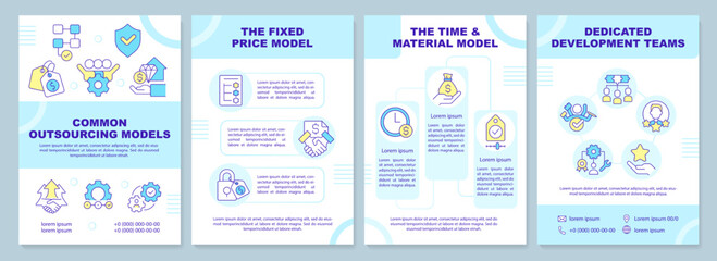 Common outsourcing models in IT blue brochure template. Leaflet design with linear icons. Editable 4 vector layouts for presentation, annual reports. Arial-Black, Myriad Pro-Regular fonts used