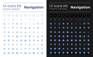 GPS and navigation flat gradient two-color ui icons set for dark, light mode. Pin location. Vector isolated RGB pictograms. GUI, UX design for web, mobile. Montserrat Bold, Light fonts used