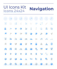 Tracking real time location flat gradient two-color ui icons set. Navigational GPS tool. Accurate map. Vector isolated RGB pictograms. GUI, UX design for web, mobile. Montserrat Bold, Light fonts used