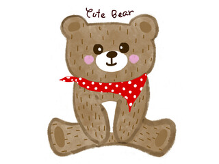 Cute Brown Bear with Red Scraf Drawing and Painting Cartoon Cute