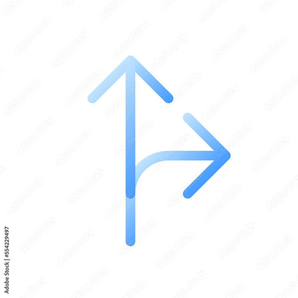Poster straight and turn right traffic sign flat gradient two-color ui icon. directing arrows. driving car.