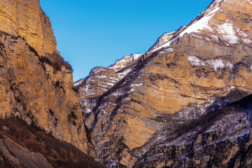 Beautiful  Mountain Landscape. Panoramic view of the snow-covered winter mountains of the Greater North Caucasus. Elbrus, Upper Balkaria, Kabardino-Balkaria, Russia.