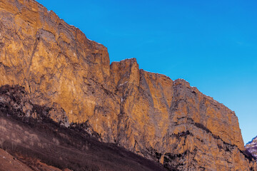 Beautiful  Mountain Landscape. Panoramic view of the snow-covered winter mountains of the Greater North Caucasus. Elbrus, Upper Balkaria, Kabardino-Balkaria, Russia.