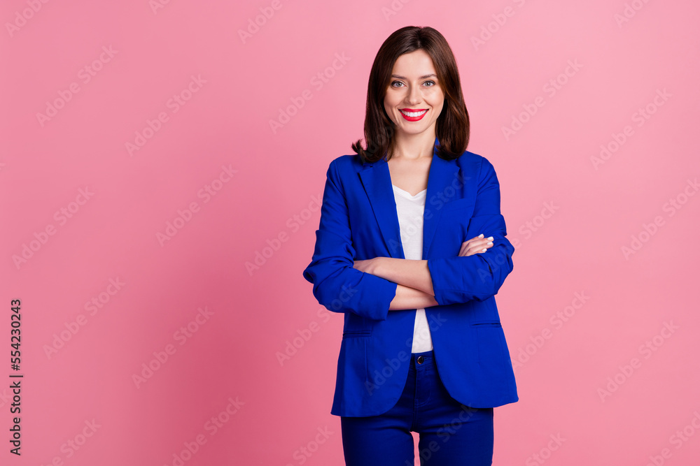 Sticker Photo of adorable lady chief seo wear blue suit costume arm folded stand empty space isolated on pink color background