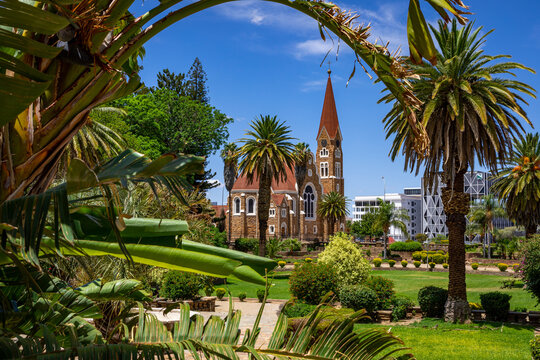 Windhoek, Namibia. Christus Kirche, or Christ Church and Parliament Gardens in Windhoek, Namibia. Africa. 
