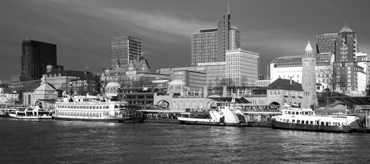 Hamburg panorama with “St Pauli Landungsbrücken“ in the port of the hanseatic metropole in...