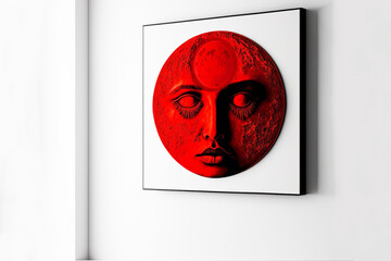 round red abstract face as bold, colorful wall hanging in a plain white room. Generative AI