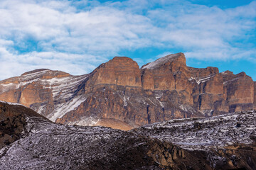 Beautiful  Mountain Landscape. Panoramic view of the snow-covered winter mountains of the Greater North Caucasus. Elbrus, Upper Balkaria, Kabardino-Balkaria, Russia.