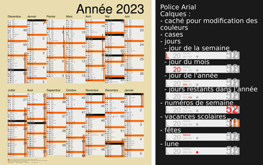 Calendrier 2023, calques, vacances scolaires, Saints, 14 mois