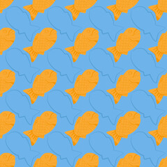 Korean street food seamless pattern. Sweet fish shaped pastry bugeoppang. Asian traditional snacks. Cute doodle background. Vector illustration.