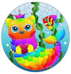 A stained glass illustration with a cute mermaid kitten, a cat on the background of the seabed and water, oval image