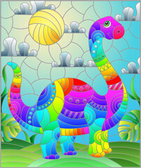 A stained glass illustration with a cute cartoon dinosaur on the background of fields and sky