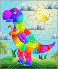 Obraz na płótnie Canvas A stained glass illustration with a cute cartoon dinosaur on the background of fields and sky