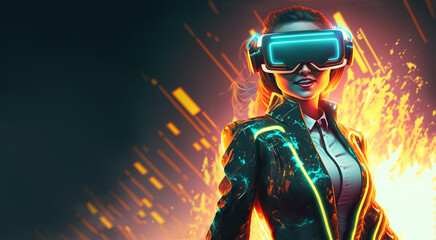 illustration of a giggle women wearing VR headset with cyber city theme background , with copy-space