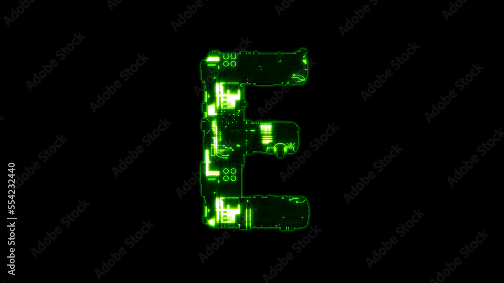 Poster letter e, lighting high tech digital cyber punk green font on black, isolated - object 3d rendering
