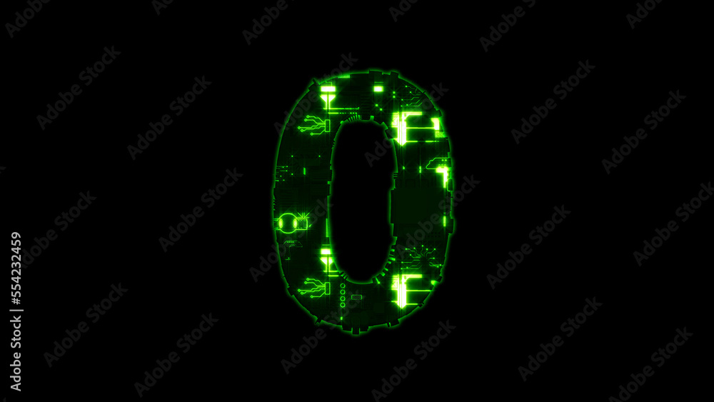 Aufkleber number 0, glowing hi-tech digital cyberpunk green font on black, isolated - object 3d rendering