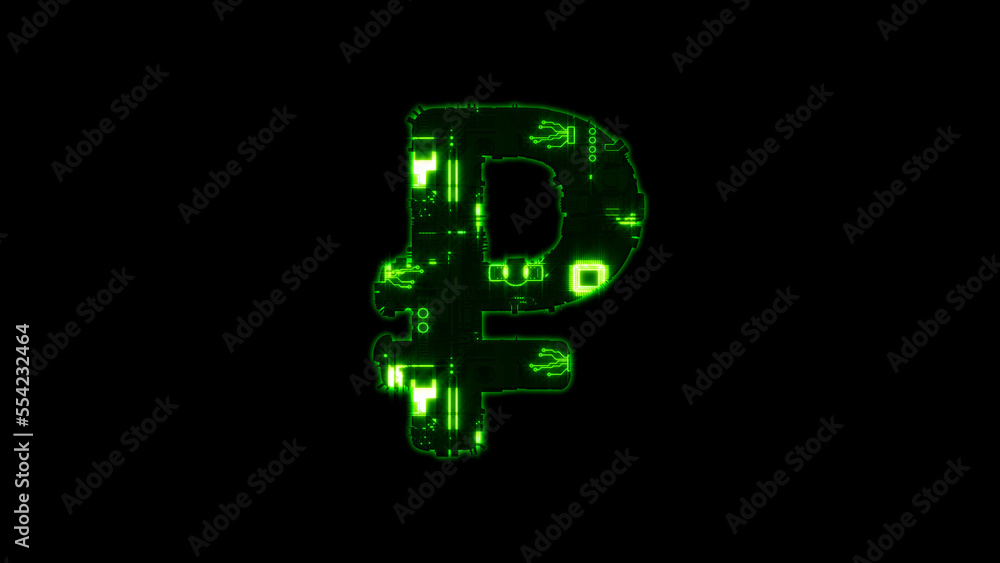 Poster rouble sign, shining high tech digital cyberpunk green font on black, isolated - object 3d rendering