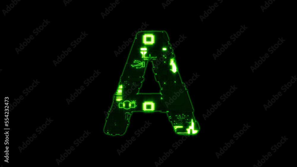 Poster letter a, glowing high tech digital cyberpunk green font on black, isolated - object 3d rendering