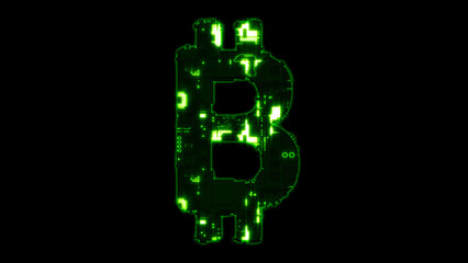 bitcoin sign, lighting hi-tech digital cyberpunk green alphabet on black, isolated - object 3D illustration