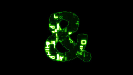 ampersand, shining hi-tech digital cyber punk green alphabet on black, isolated - object 3D rendering
