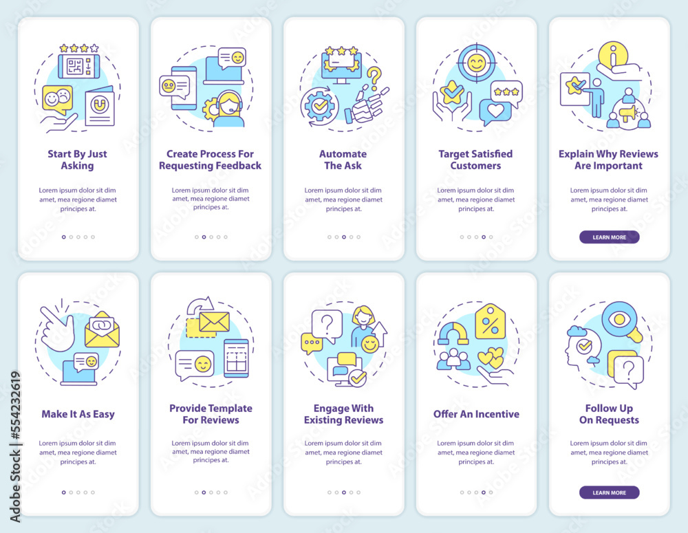 Poster boost business trustworthiness onboarding mobile app screen set. walkthrough 5 steps editable graphi