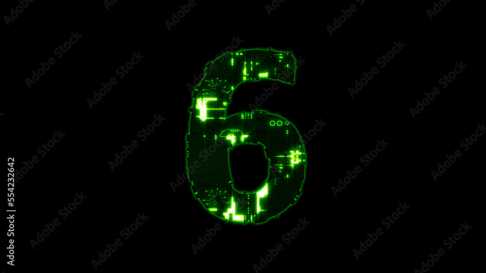 Poster number 6, lighting high tech digital cyberpunk green font on black, isolated - object 3d rendering