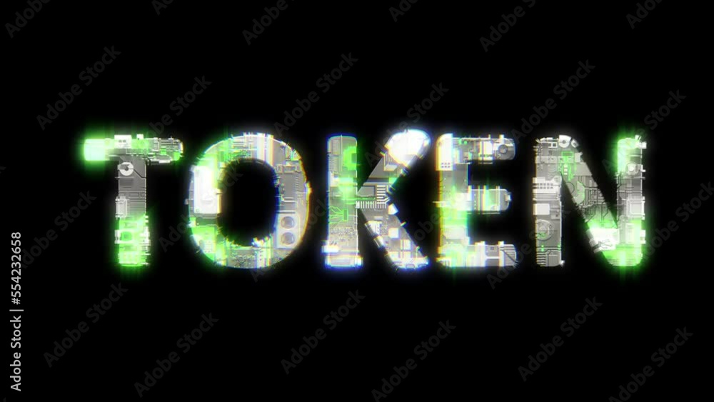 Poster cybernetic text token with chromatic aberrations and glitch effects, isolated