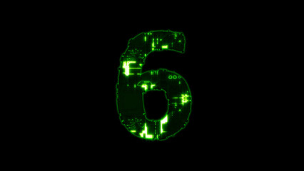 number 6, lighting high tech digital cyberpunk green font on black, isolated - object 3D rendering