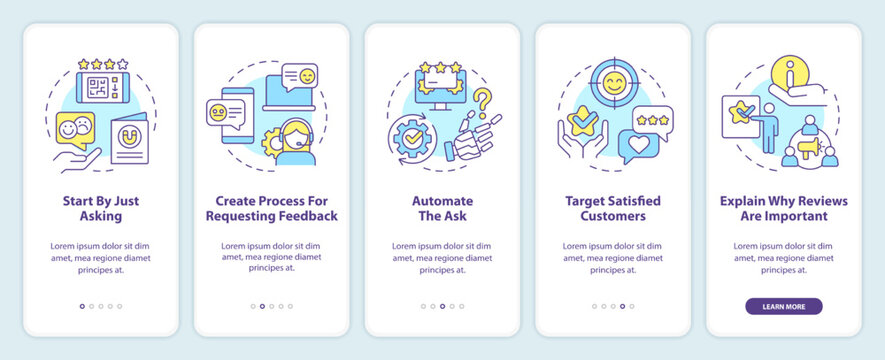 Ways to make clients write reviews onboarding mobile app screen. Walkthrough 5 steps editable graphic instructions with linear concepts. UI, UX, GUI template. Myriad Pro-Bold, Regular fonts used