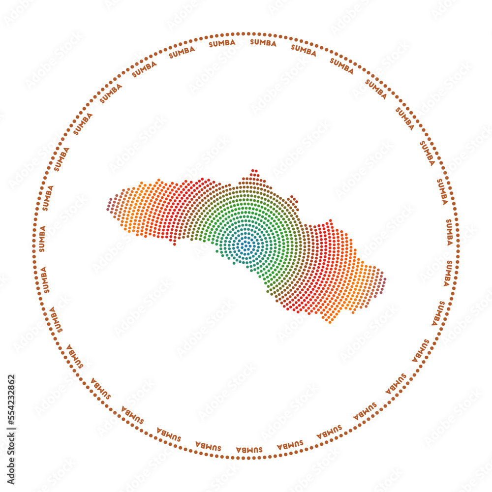 Poster sumba round logo. digital style shape of sumba in a dotted circle with the island name. tech icon of