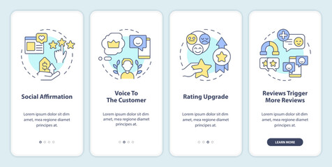 Customer reviews importance reasons onboarding mobile app screen. Walkthrough 4 steps editable graphic instructions with linear concepts. UI, UX, GUI template. Myriad Pro-Bold, Regular fonts used