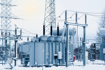 High voltage transformer substation in winter