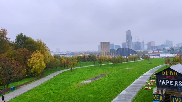 View over the Brussels skyline with the Tour and Taxis park in the foreground