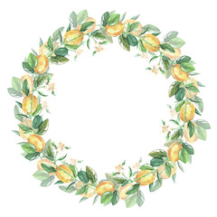 A wreath of lemon sprigs with flowers. Watercolor illustration. Isolated on a white background. For design dishes, stickers, nature prints, kitchen accessories, product packaging with citrus