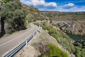 PIno bridge over Douro river, also known as Requejo iron Bridge, Castile and Leon, Spain Arribes...