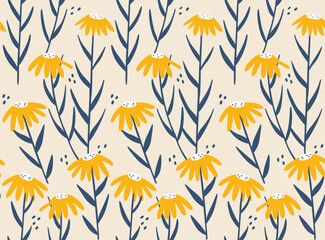 Japanese Yellow Flower Leaf Branch Vector Seamless Pattern