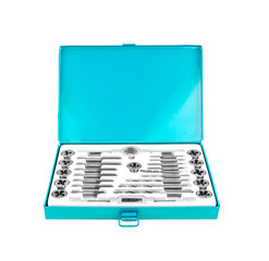 Thread cutter threader drill set in metal box isolated over white background
