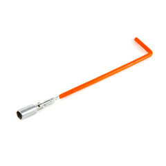Spark plugs Metal  key with orange rubber handle isolated on white background