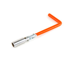 Spark plugs Metal  key with orange rubber handle isolated on white background