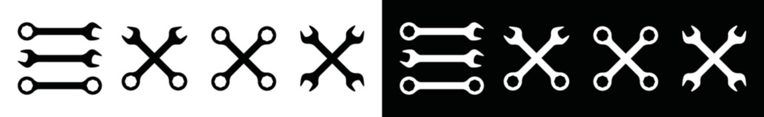 Wrench icon set. Crossed wrench tools icon vector for setting, service or repair machine. Spanner in black and white, symbol illustration