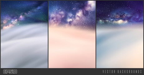 Clouds and starry sky. Natural background set. Fog waves and Milky Way