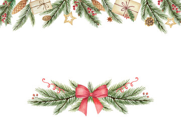 Fototapeta na wymiar Watercolor Christmas card with festive decor and place for text on white background. Suitable for postcard, cover, flyer, cards design, New year invitations, wedding.