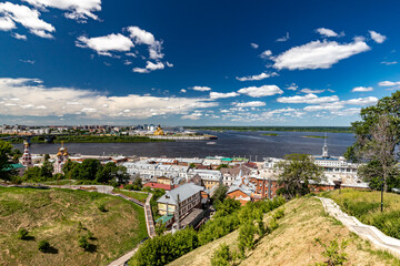 Arrow of the Oka and Volga in Nizhny Novgorod in summer. Sights of Nizhny Novgorod.