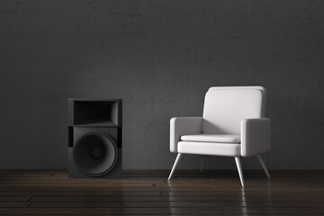 Modern white armchair and a woofer speaker in a dark moody interior room. Enjoying listening to...