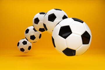 Movement of a football soccer ball on yellow background. 3D rendering.