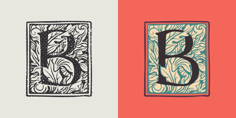 B letter drop cap logo in engraved medieval style.