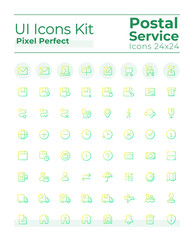 Postal service pixel perfect gradient linear ui icons set. Parcel delivery. Mailing. Line contour user interface symbols. Vector isolated outline illustrations. Montserrat Bold, Light fonts used